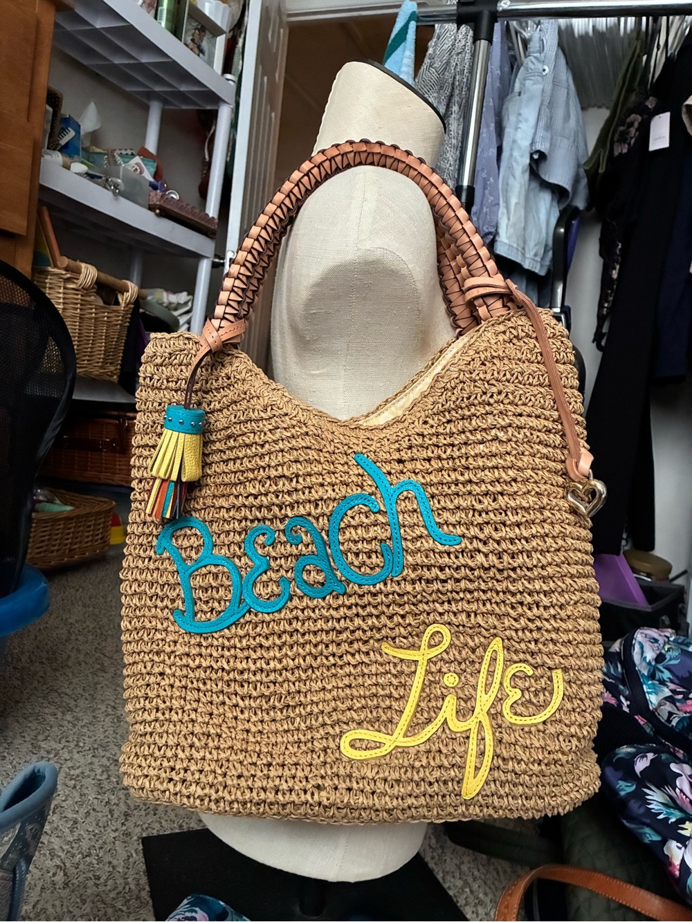 Beach Life Raffa Tote Bag - Tan with Blue & Yellow Accents